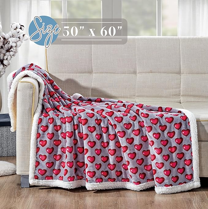Elegant Comfort Luxury Valentine’s Day Sherpa Throw Blanket Ultra-Soft Cozy Velvet Pink Hearts Fleece Throw-Micromink Sherpa for Her, Wife, Girlfriend, Sherpa Reversible Blanket- Juliette