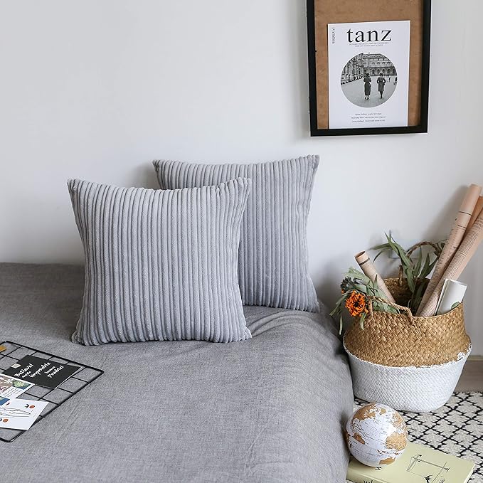 UGASA Velvet Pillow Covers Striped, Decorative Throw Cushion Case with Hidden Zipper for Home Couch/Bedroom/Car, Soft Cozy Solid Square, 1 Pack (18"x18", Light Grey)