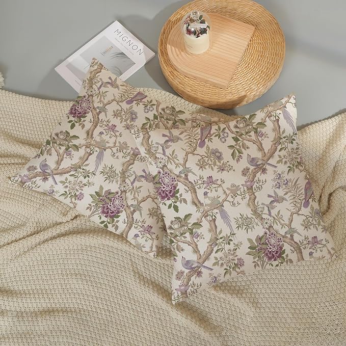 Chinoiserie Pillow Covers 18x18 Set of 2 Purple Green Floral Bird Throw Pillows Vintage Flowers Bird Decorative Pillow Cases Outdoor Chinoiserie Decor Farmhouse Cushion Case for Couch Sofa