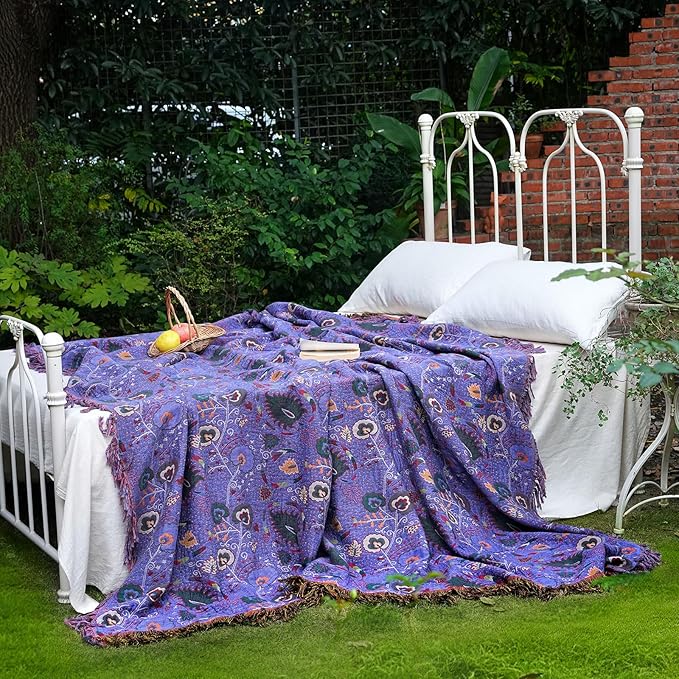 Boho Throw Blanket for Bed 100% Cotton Soft Lightweight Quilt Home Livingroom Decor Purple Spring Bed Blanket,Floral Embroidery Reversiable All Season Breathable Blankets for Sofa Couch Chair 90"x98"