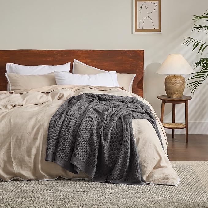 Bedsure Gentlesoft 100% Cotton Throw Blanket for Couch 50x70 inches - Cooling Breathable and Soft for Spring Summer, Waffle Weave Throw Blanket for Office, Dark Grey