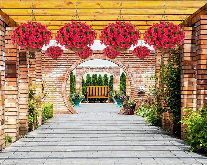 Artificial Hanging Flower Plants with Basket for Outdoor Decoration, Faux Petunias Flowers Fake Morning Glory Plants for Hanging Outside Patio Garden Porch Balcony Yard Spring Decor(Red)
