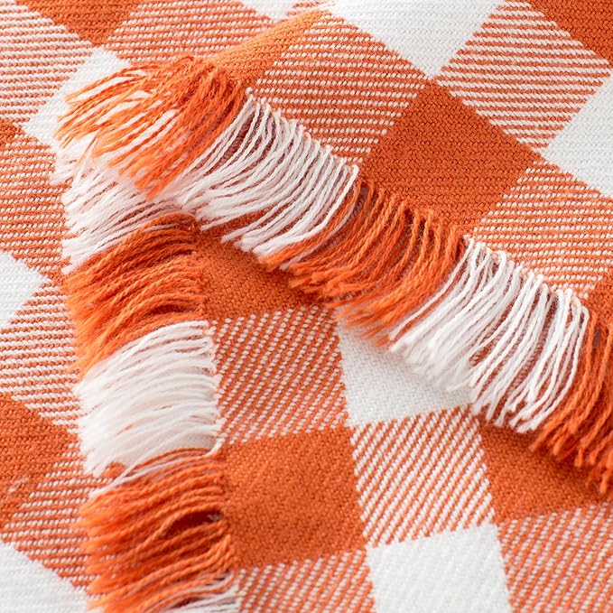 100% Cotton Throw Blanket Plaid Soft Lightweight Cozy Farmhouse Tassels Summer Thin Breathable Throws for Couch Sofa Bed (50" × 60" Orange)