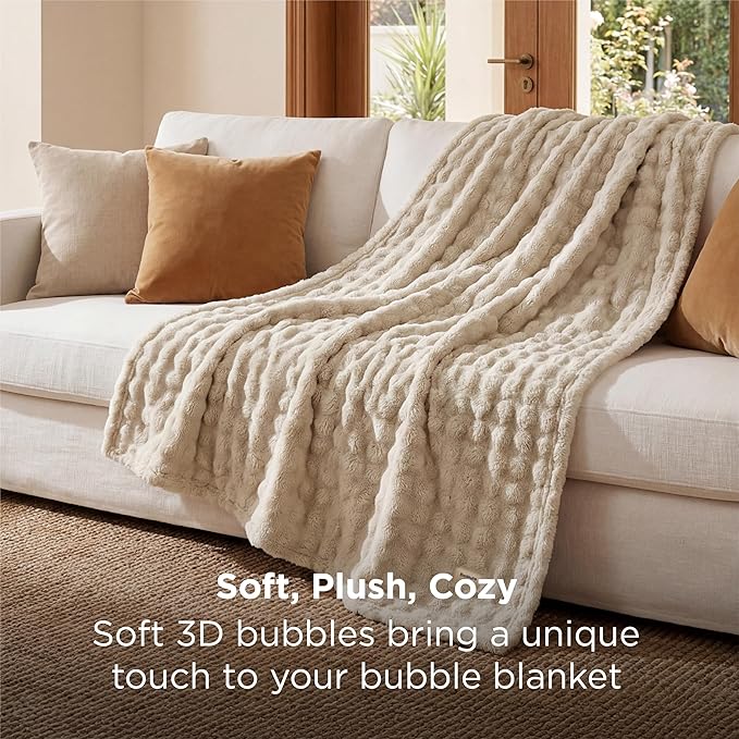 Bedsure 3D Fleece Bubble Blanket for Couch - GentleSoft Beige Throw Blanket for Sofa Bed Room Decor - Luxury Soft Cozy Gifts for Women, Lightweight, All Seasons, Beige, 50"×60"