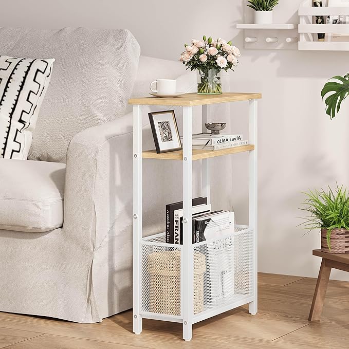 Narrow Side Table with Storage Basket Skinny End Tables for Smalls Spaces 3 Tier Sofa Table Small Nightstand Slim Bedside Table for Living Room Bedroom Natural Wood MLBZ22Y
