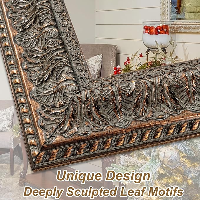 Chende 41" L x 29" W Rectangular Wall Mirror for Living Room Decor, Large Decorative Mirror with Bronze Carved Wood Frame, Dining Room, Bedroom, Hallway, Salon