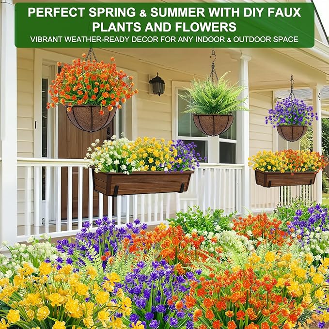 20 Bundles Artificial Flowers for Outdoors Spring Summer Decor-UV Resistant Fake Mums Faux Plants Plastic Flowers Greenery for Home Porch Gardens Fireplace Patio Indoor Outsides Decor(Orange Red)