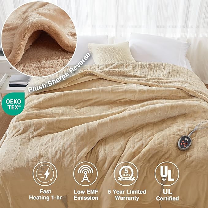 Beautyrest Heated Blanket, Electric Blanket, Soft, Warm, Reversible Plush - Sherpa Heating Blanket with 20 Heat Settings, 1-10 hrs Timer Auto Shut Off, Machine Washable, Full (84 inx80 in), Tan