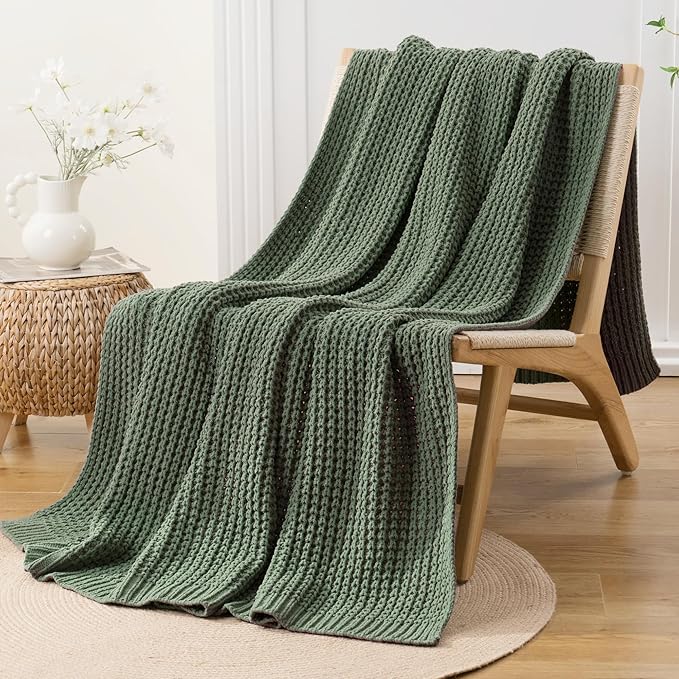 Bunnikins & Clover Knitted Waffle Throw Blanket 50x60 Inches, Sage Green Throw Blanket for Couch, Soft Cozy Chenille Knit Blanket Warm Decorative Throw for Sofa