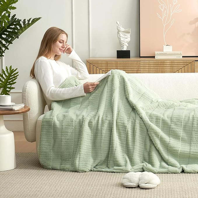 Amélie Home Luxury Striped Faux Fur Throw Blanket for Couch, Soft Cozy Fuzzy Fluffy Soft Plush Blankets Sofa Chair Gift Blankets for Women, 55"x70", Sage Green
