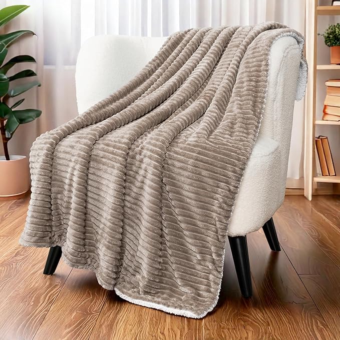 PAVILIA Taupe Tan Sherpa Fleece Throw Blanket for Couch, Soft Plush Fuzzy Blankets, Fluffy Flannel Sherpa Blanket for Sofa, Warm 3D Ribbed Winter Blanket Gift, 50x60 inches