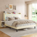 Queen PU Upholstered LED Bed Frame with Rolling Storage Nightstands, Bed Frame Queen Size with Charging Station, Wooden Slats Support, No Box Spring Needed, Noiseless, Beige White