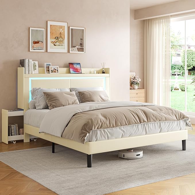 Queen PU Upholstered LED Bed Frame with Rolling Storage Nightstands, Bed Frame Queen Size with Charging Station, Wooden Slats Support, No Box Spring Needed, Noiseless, Beige White
