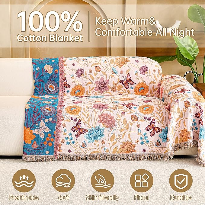 Boho Throw Blanket, 100% Organic Cotton Breathable Ultra Soft 91" x 98" Bed Quilt Throw - All Season Floral Rustic Farmhouse Decor Luxury Reversible Blanket for Sofa Couch Chair and Gift