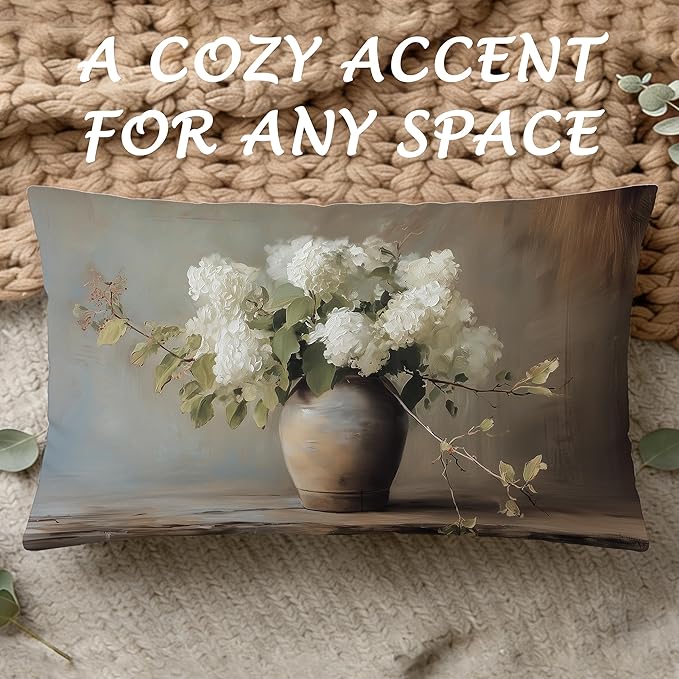 Vintage Moody Hydrangea Floral Lumbar Pillow Cover 12x20 Double-Sided, Cottagecore Room Decor, Farmhouse Spring White Flower Botanical Decorative Throw Pillow Cover for Living Room Home