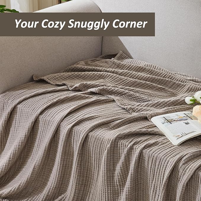 EMME Cotton Muslin King Blanket Breathable Gauze Soft Lightweight Blankets Adults Gifts for Women (Heather Brown, 108"x90")