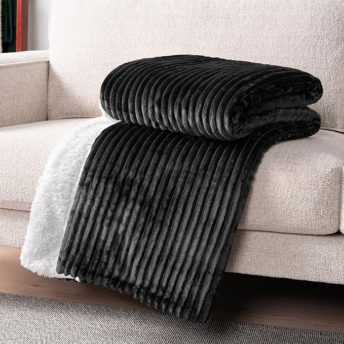 PAVILIA Black Sherpa Fleece Throw Blanket for Couch, Soft Plush Fuzzy Blankets, Fluffy Flannel Sherpa Blanket for Sofa, Warm 3D Ribbed Winter Blanket Gift, 50x60 inches