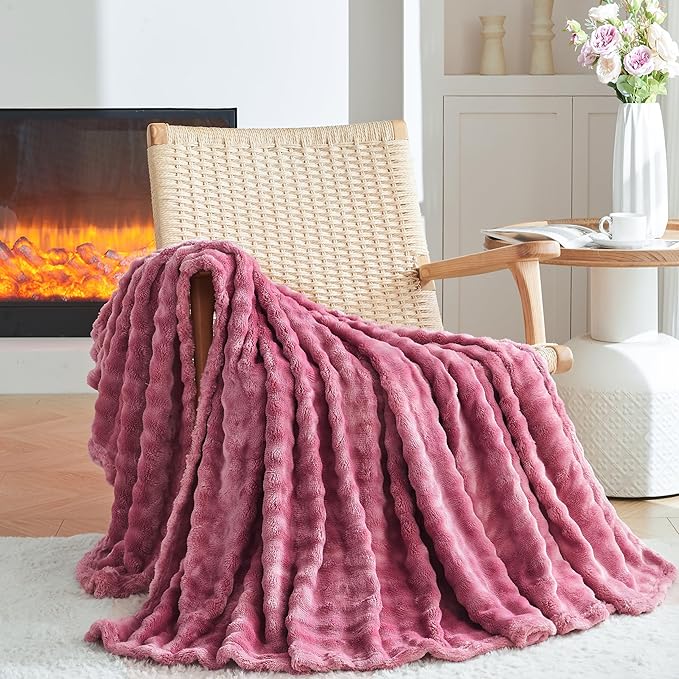 3D Bubble Plush Blanket Textured Fleece Throw Soft Warm Cozy Blanket Couch Bed Twin Rose 60x80 Inches