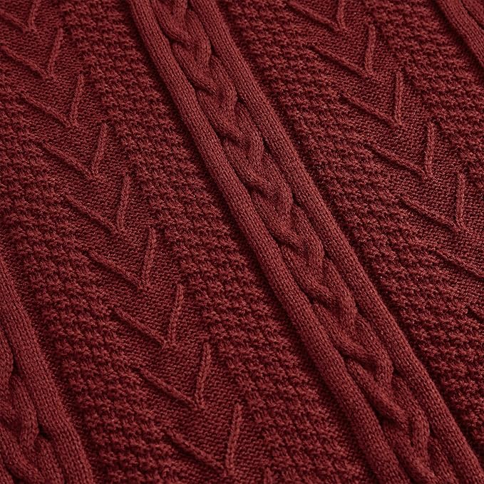 Longhui bedding Wine Red 50 x 63 Inches Acrylic Cable Knit Sherpa Throw Blanket - Thick, Soft, Big, Cozy Knitted Fleece Blankets for Couch, Sofa, Bed - Large Coverlet All Season, Burgundy Color