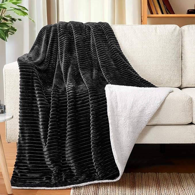 PAVILIA Black Sherpa Fleece Throw Blanket for Couch, Soft Plush Fuzzy Blankets, Fluffy Flannel Sherpa Blanket for Sofa, Warm 3D Ribbed Winter Blanket Gift, 50x60 inches