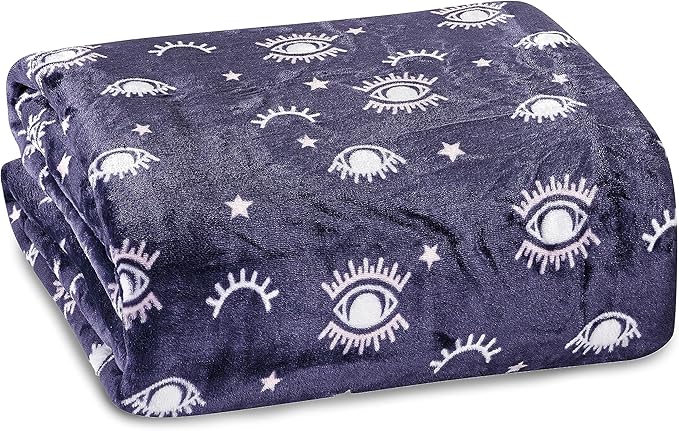 Elegant Comfort Ultra Soft Print Flannel Fleece Bed Blanket, Cozy-Fuzzy Lightweight Bedspread Coverlet, All Season Decorative Blanket for Couch, Sofa, Queen Size, Evil Eye