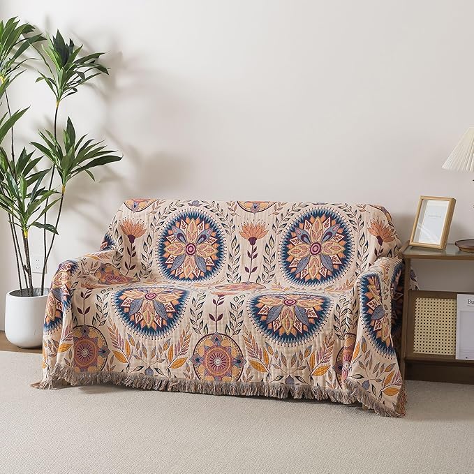 Boho Throw Blanket Queen Size, Soft Cozy Cotton Muslin Quilt Blanket for Bed Decor, Floral Patterned Couch Sofa Chair Cover, Vintage Farmhouse Cottage Tapestry Woven Blanket, Beige&Blue