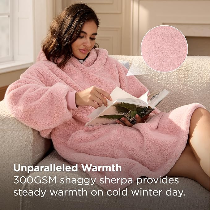 Bedsure Pink Blanket Hoodie, Wearable Blanket Hoodies as Birthday Mothers Day Gifts for Girlfriend Wife Women Men, Warm Cozy Fluffy Soft Sweatshirt Hooded Blankets With Sleeves for Women Men Adults