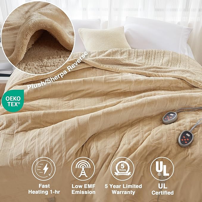 Beautyrest Heated Blanket, Electric Blanket, Soft, Warm, Reversible Plush - Sherpa Heating Blanket with 20 Heat Settings, 1-10 hrs Timer Auto Shut Off, Machine Washable, King (90 inx100 in), Tan