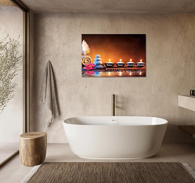 Zen Wall Art Lotus Flower Decor Breathe Canvas Picture Candles Relaxing Peaceful Poster Prints for Zen Spa Room Living Room Bedroom(24.00" x 36.00")