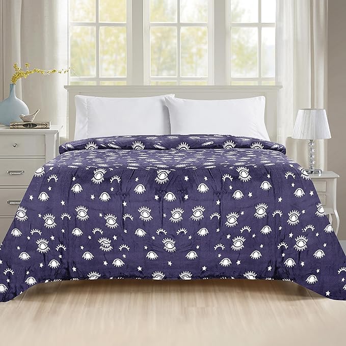 Elegant Comfort Ultra Soft Print Flannel Fleece Bed Blanket, Cozy-Fuzzy Lightweight Bedspread Coverlet, All Season Decorative Blanket for Couch, Sofa, Queen Size, Evil Eye