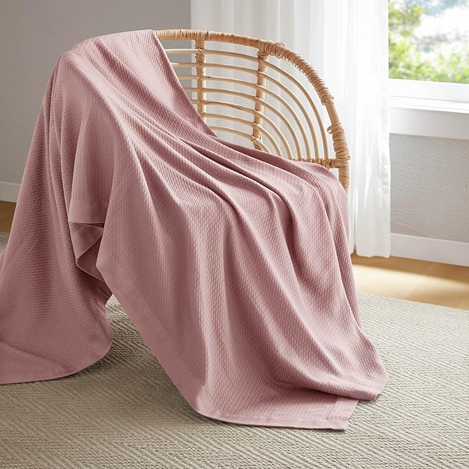 Madison Park 100% Egyptian Cotton Lightweight Summer Blanket, Breathable Waffle Knit Design, Soft Cozy All-Season Throw for Bed, Couch or Sofa, Rose Twin Size (66"x90")