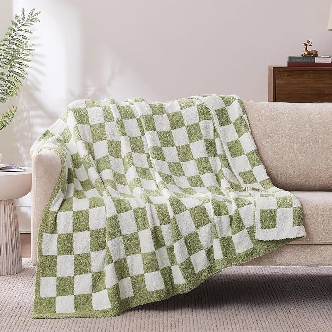 Checkered Throw Blanket, Sage Green Soft Cozy Fluffy Knitted Throw Blankets for Couch, Sofa, Bed, Chair, Warm Fuzzy Travel Picnic Lightweight Plaid Blanket, 60x80 inches