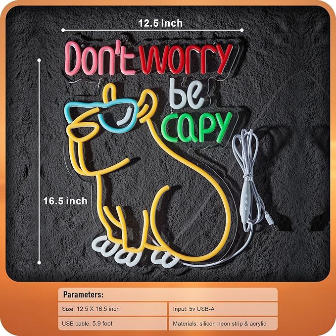 Capybara Don't Worry Be Capy Neon Sign Funny Cartoon LED Signs for Wall Decor Bar Man Cave Party Coffee Home Bedroom Birthday Gifts