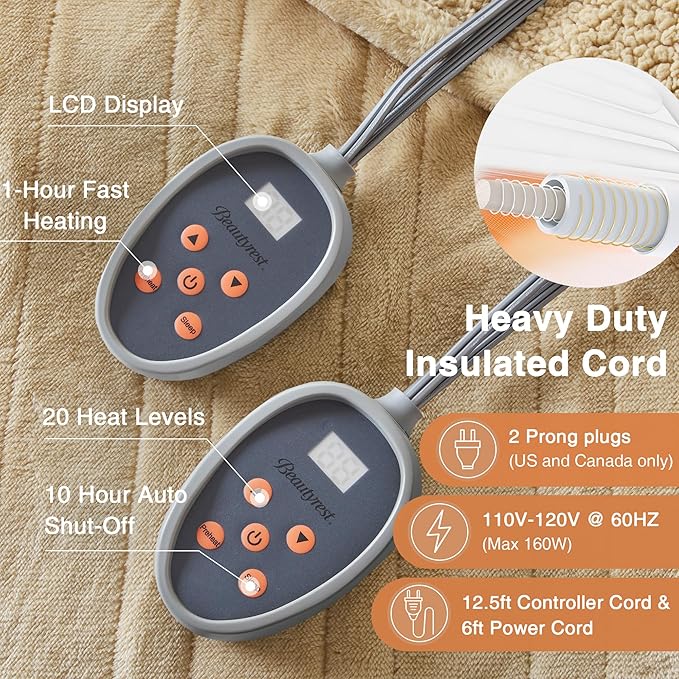 Beautyrest Heated Blanket, Electric Blanket, Soft, Warm, Reversible Plush - Sherpa Heating Blanket with 20 Heat Settings, 1-10 hrs Timer Auto Shut Off, Machine Washable, Queen (90 inx84 in), Tan