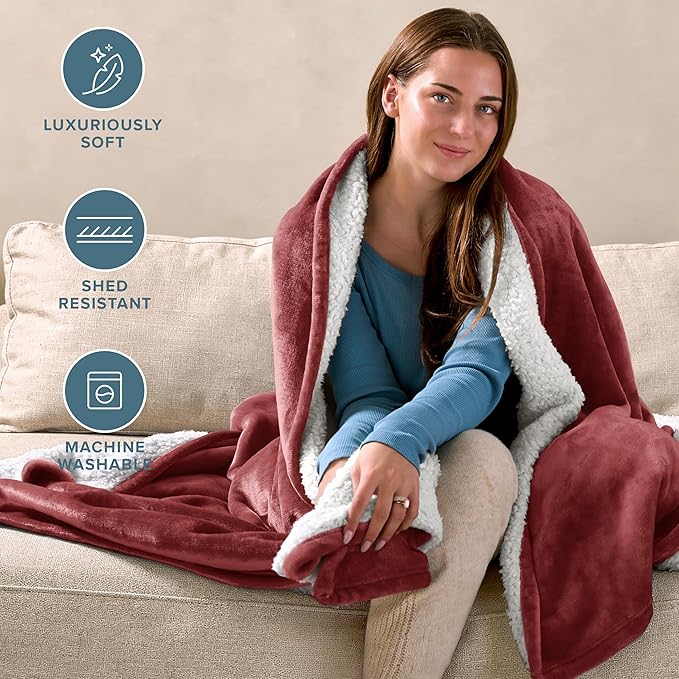 Bare Home Sherpa Fleece Blanket - Full/Queen Size - Blanket for Bed, Sofa, and Couch - Warm & Lightweight - Fluffy & Soft - Reversible (Full/Queen, Rosewood)