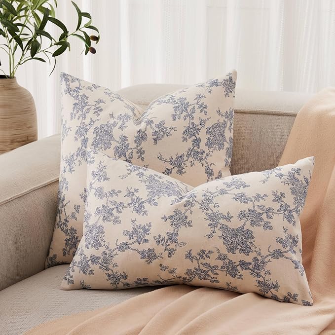 100% Cotton French Pastoral Lumbar Throw Pillow Covers Set of 2, 12x20 Inch Blue Farmhouse Decorative Cushion Covers for Sofa Bed Living Room Home Decor
