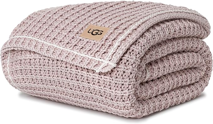 UGG Luna Knit Blanket Throw Cotton Chunky Soft Throw for Couch or Bed Cozy Warm Waffle Giftable Lightweight Blanket for Living Room Bedroom or Dorm Machine Washable, 50-inch x 70-inch, Quartz Pink