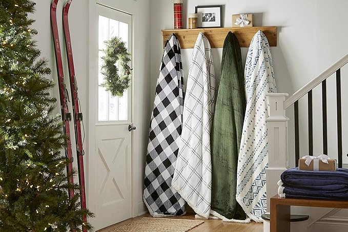 Eddie Bauer - Queen Size Blanket, Ultra-Soft Plush Bed Blanket with Faux Shearling Reverse, Throw Blanket for Couch & Bed (Vail Plaid Grey)