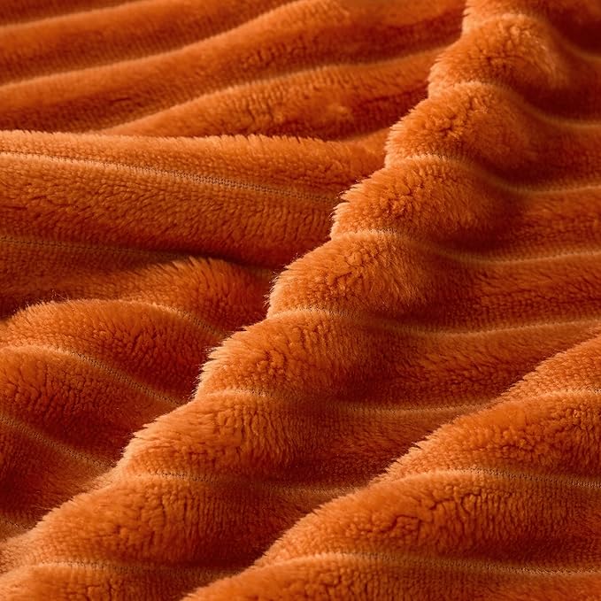 Bnuitland Burnt Orange Flannel Throw Blanket, 300GSM Super Soft Fleece Stripe Pattern Sofa Blanket for Babys and Kids, Lightweight Cozy Bed Throw for Home Decor All Season