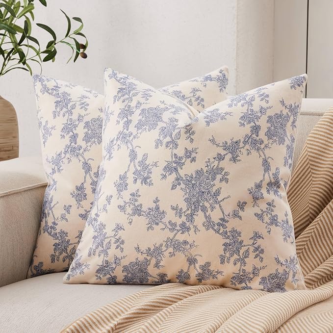 100% Cotton French Pastoral Throw Pillow Covers Set of 2, 20x20 Inch Blue Farmhouse Decorative Cushion Covers for Sofa Bed Living Room Home Decor