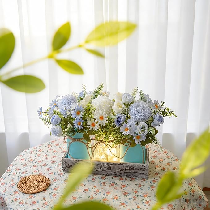 Mason Jar Lights Centerpiece Table Decor for Dining Room Farmhouse Wood Tray with 3 Jars Blue Flowers Valentines Day Decoration for Coffee Table Kitchen Living Room Wedding Spring Decoration