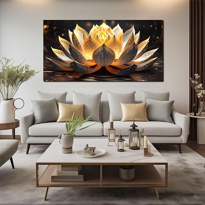 TYTAUPT Lotus Flower Wall Art Ror Living Room Large Size Gold and Brown Painting Wall Art Office 29 x 59 Inch Prints For Wall Decor For Beroom Women
