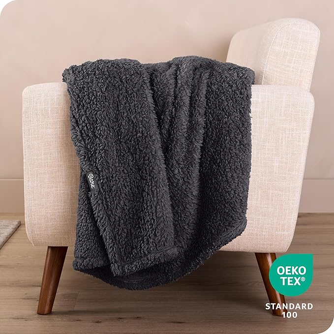 Bare Home Faux Shearling Blanket - King Size - Blanket for Bed, Sofa, Couch, Camping, Travel, and Gifts - Warm & Lightweight - Fluffy & Soft (King, Solid Forged Iron Grey)