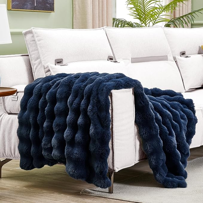 JONIYEAR Soft Fuzzy Oversized Bubble Faux Rabbit Fur Throw Blanket 60" x 70", Reversible Solid Thick Warm Fluffy Blanket for Winter, Luxe Cozy Puffy Shaggy Furry Blankets for Bed, Twin Size, Navy Blue