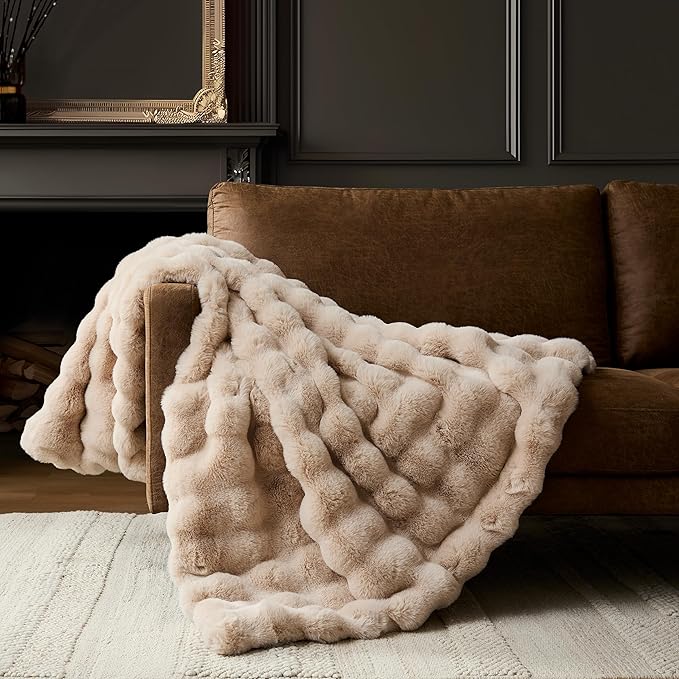 WDCOZY Luxury Bubble Throw Blanket, Faux Fur Mink Plush Throw for Couch, Sofa and Bed, Soft Fluffy Fuzzy Furry Cozy Blanket, Thick and Warm, 60x80 inches, Beige Tan Taupe Camel, 950 GSM