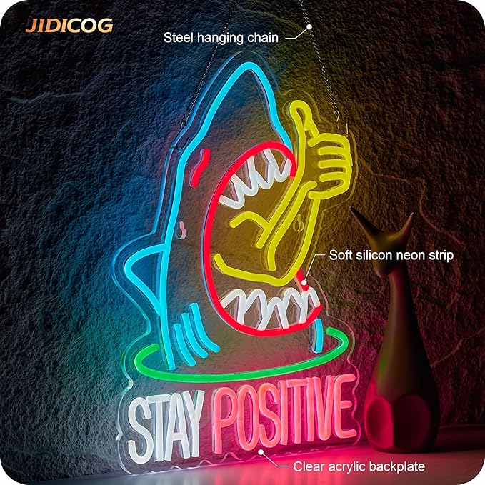 Stay Positive Neon Sign for Wall Decor Thumb up Shark Funny LED Signs Bar Man Cave Party Coffee Home Bedroom Birthday Gifts