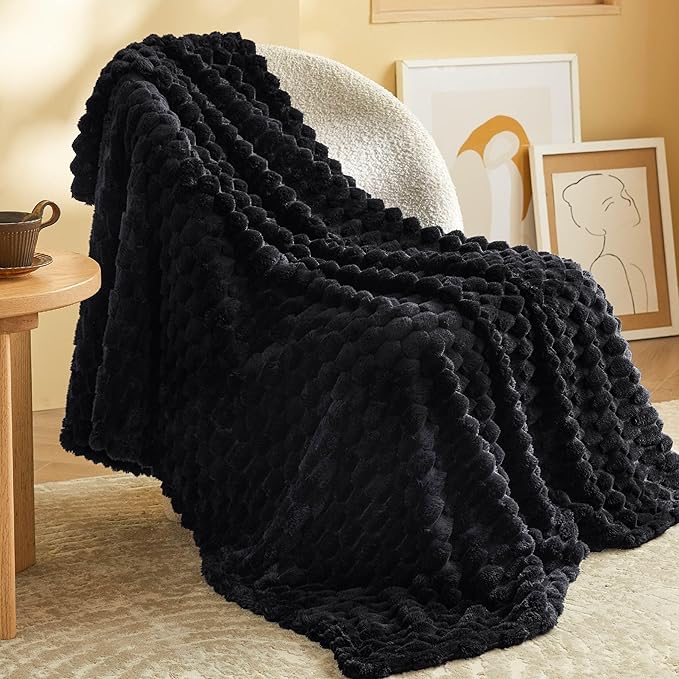 Bedsure Twin Blanket for Bed - 350GSM Fluffy Plush Bubble Blanket for College Dorm for Home Room Decor, GentleSoft Cute Fleece Soft Cozy Gifts for Women Girls, Black, 60x80 Inches