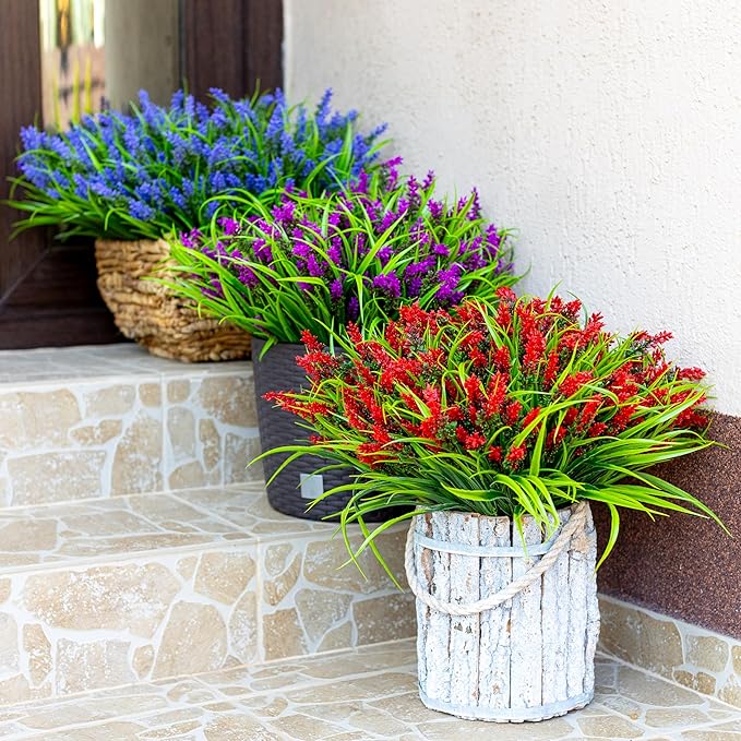 Artificial Flowers for Outdoors Plants - 20 Bundles Fake Lavender Plastic Faux Monkey Grass UV Resistant for Home Decorations (20, Red)