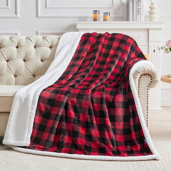 BEDELITE Sherpa Fleece Blanket - Black and Red Buffalo Plaid Christmas Blanket, Super Soft Cozy Warm Thick Winter Throw Blankets for Couch and Bed, 60" x 80"