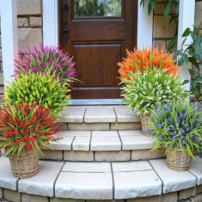 Ouddy Decor 24 Bundles Artificial Flowers for Outdoors, Fake Lavender Flowers Monkey Grass Faux Plastic Plants Shrubs UV Resistant for Porch Garden Window Box Office Home Decorations, Mixed